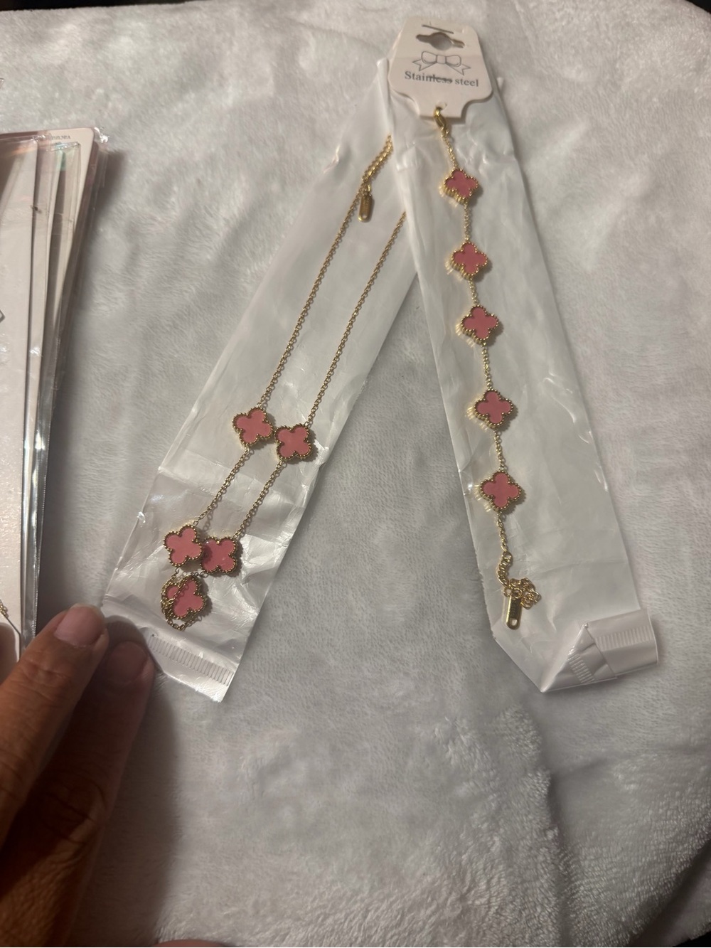 Gold-Tone Pink Clover Pendant Necklace and Bracelet Set